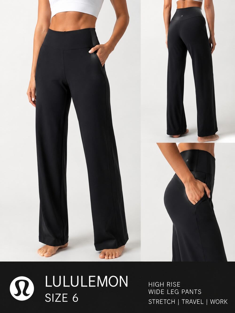 Lululemon Black High Rise Wide Leg Pants Size 6 Stretch Travel Work Athleisure